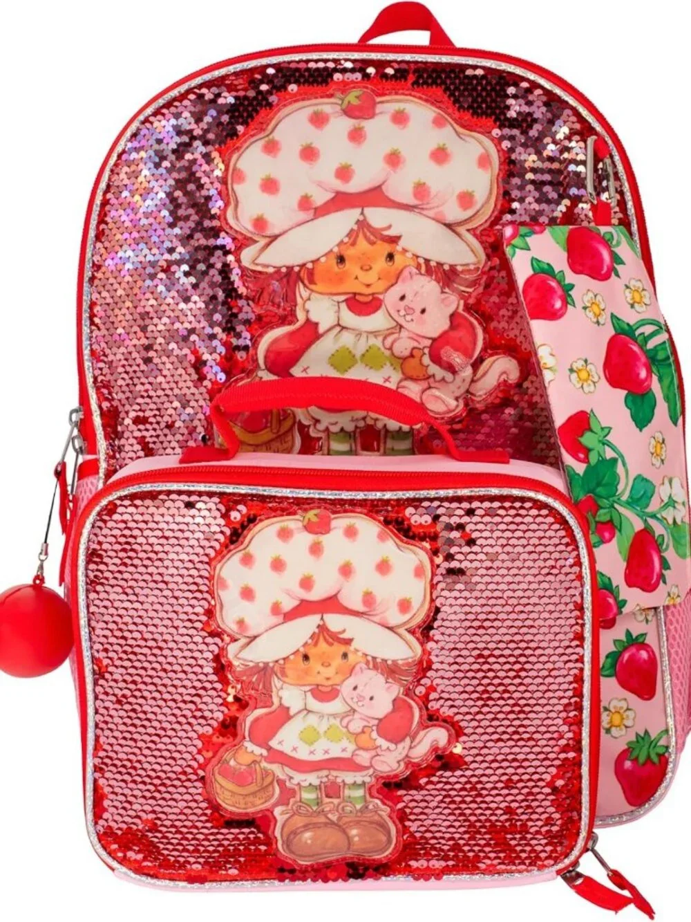 5-Piece Strawberry Shortcake Backpack Set for Girls - Flip Sequin, Pink & Red